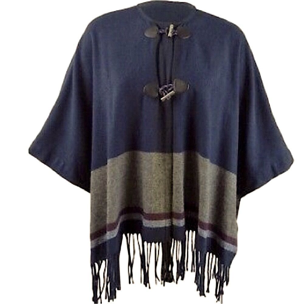 TOMMY HILFIGER Navy Blue Toggle Close Tassel Lined Poncho With Grey Wine Stripes